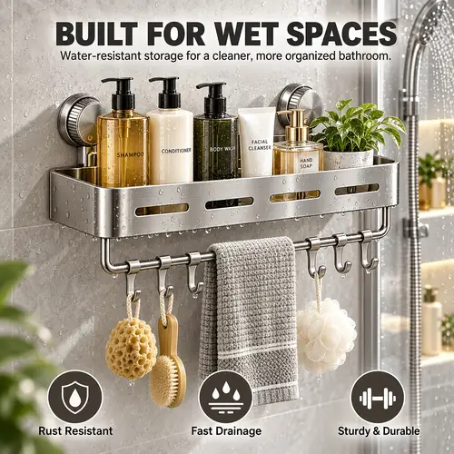Triangular Drop Ceiling shower caddy with suction cups sold on Temu United States