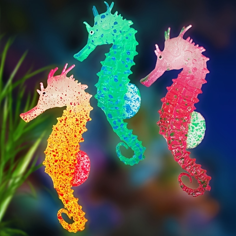 3pcs Luminous Silicone Seahorse Aquarium Decorations, Resin Fish Tank Ornaments with Suction Cups, Odorless Marine Life Simulation for Aquatic Environments, Pet Aquatic Decoration | Whimsical Seahorse Design | Silicone Construction