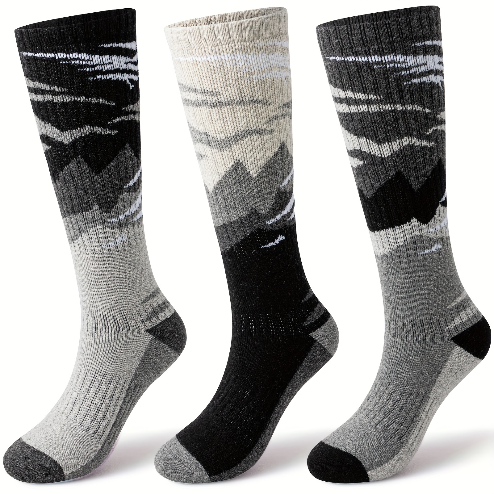 3 Pairs Wool Wool Ski Socks For - Thermal Winter Warm Thick Knee-high Suitable For Skiing, Snowboarding, Machine Washable Wool Socks With Striped, For Outdoor, Christmas Gifts For