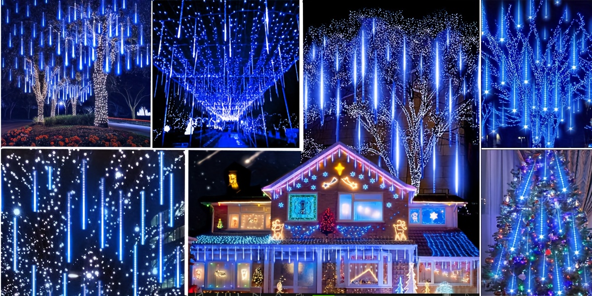 Meteor Shower Lights, Christmas Outdoor/Indoor Meteor Shower Lights, Falling Rain Drop Snowfall, IPX4 Icicle String Light for Bedroom, Garden, Wedding, Party Favors, Christmas, Thanksgiving, Halloween, Holiday Decoration Lighted Holiday Displays