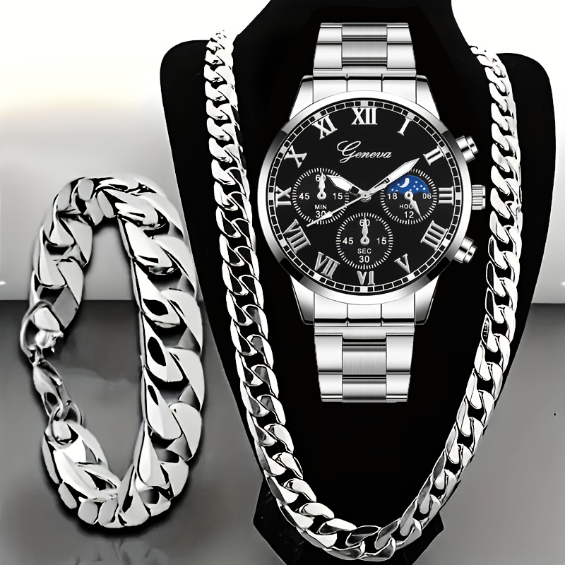 Image of Men's 3pcs Hip-hop Cool Quartz Watch Set - Round Dial, Display, Includes Chain Bracelet And Necklace - Cool Gift For Him
