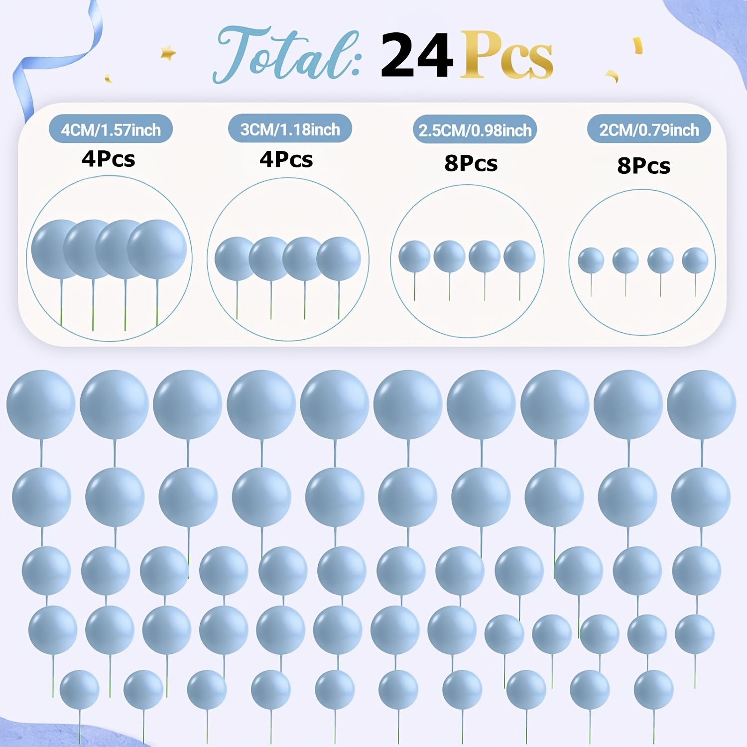 TEMU 16pcs/24pcs Light Cake Decorating Balls, 1.57in/1.18in/0.99in/0.79in Set Of Toppers/suitable For Birthday Cake Decoration, Birthdays, Weddings,