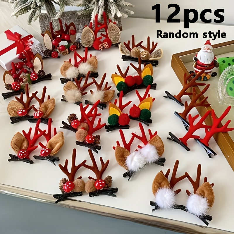 TEMU Lot de 12 pinces à cheveux à bois de sur le thème des elfes, styles aléatoires - Accessoires de cheveux multicolores pour fête de Noël pour