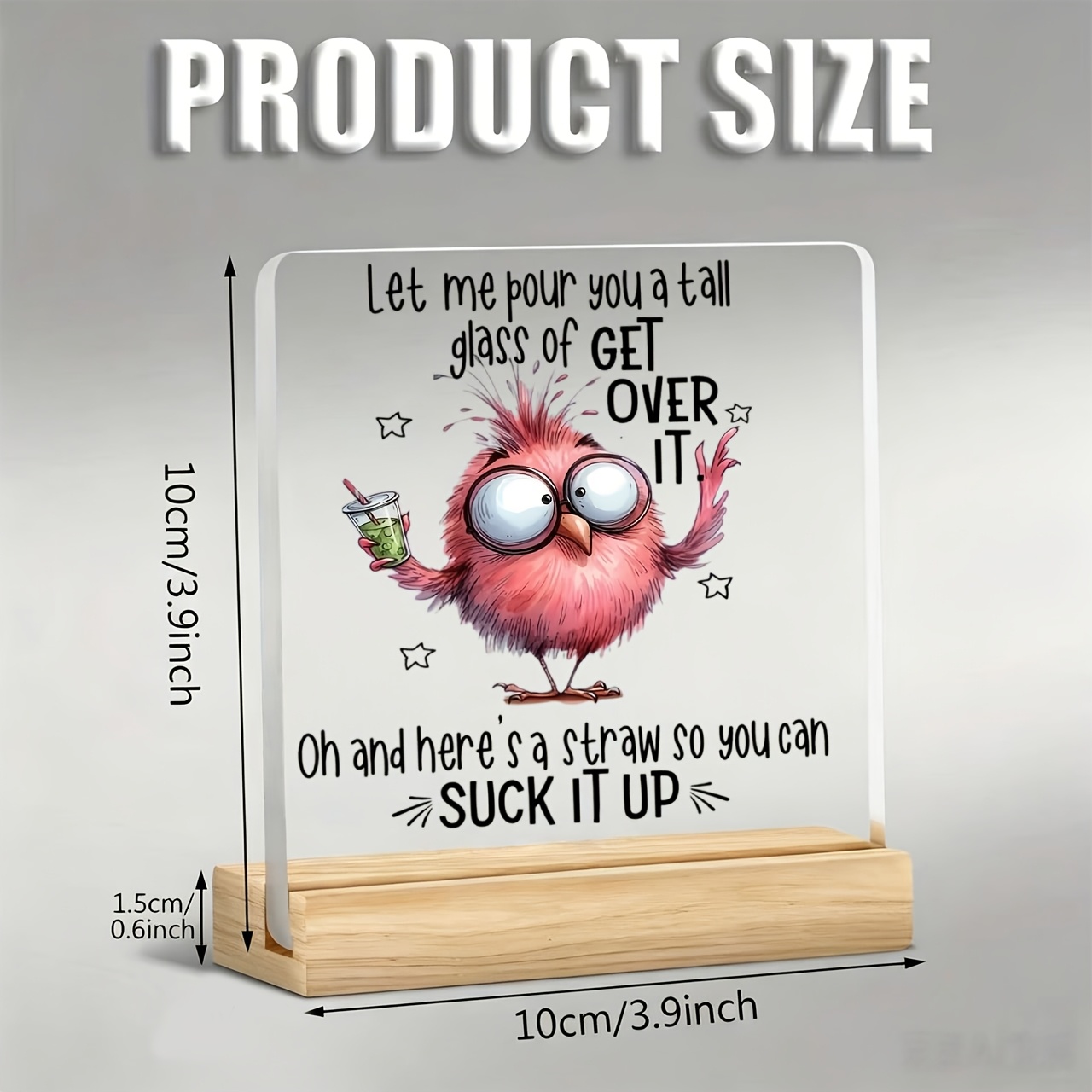 TEMU 2d Flat Design, 1pc Cartoon Bird Holding Drink Ornament, Warm And Inspirational Slogan, Acrylic Ornament With Wooden Base, Paperweight, Office