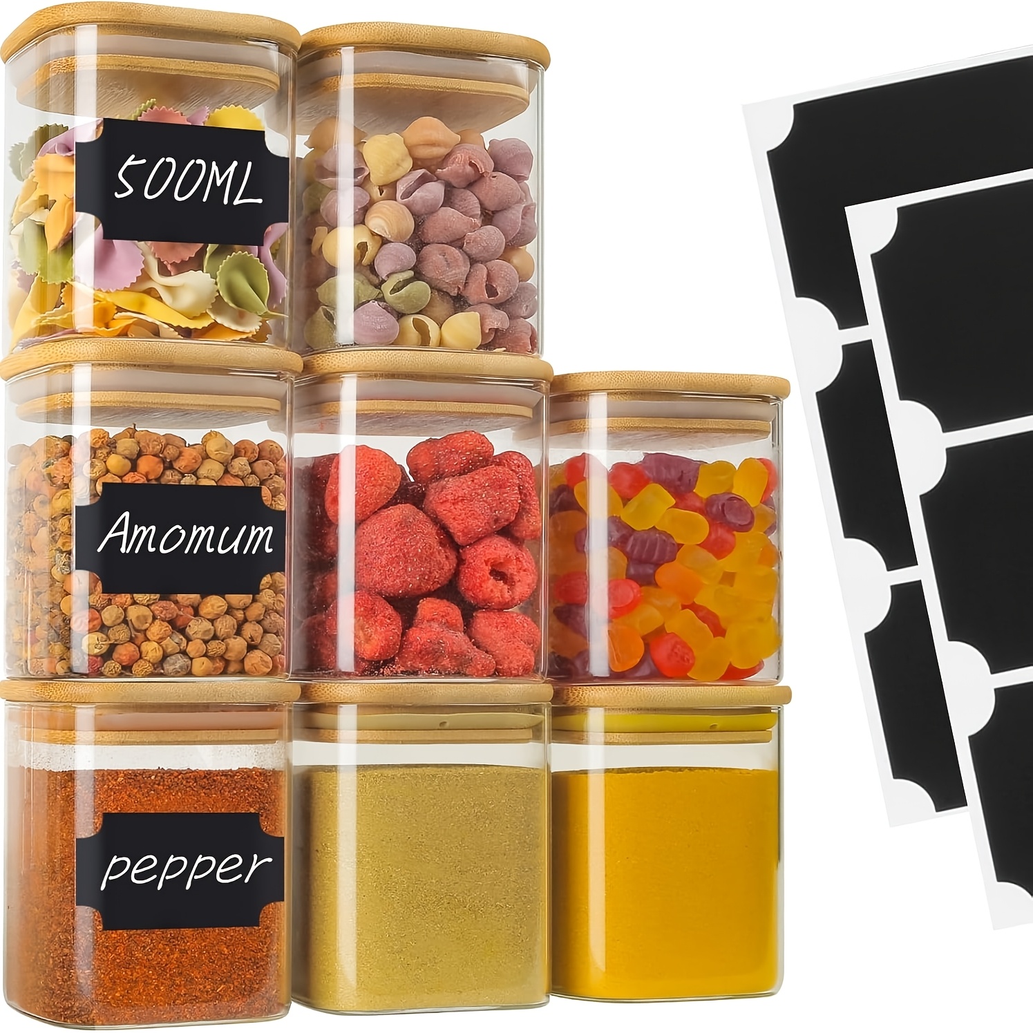 Image of 8pcs 500ml Glass Storage Glass Set, Spice Jars With Wooden Lids, Square Wooden Lids, Glass Containers With Lids, Small Stackable Spice Jars, Storage Jars For Cooking Spices, Herbs And Grains