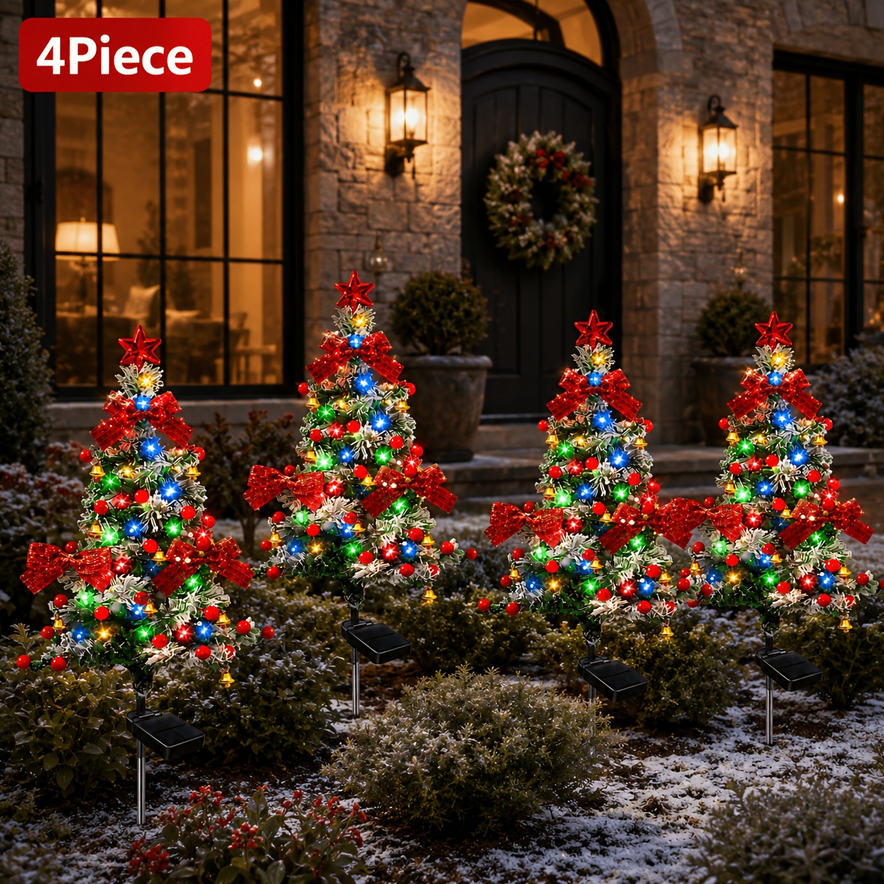 TEMU Lot de 4 lampes solaires d'arbre de Noël en cèdre de 93 cm, lampes de pelouse multicolores à LED avec branches de pin gaufrées en neige, nœuds