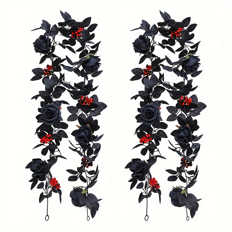 

1pc Artificial Black Rose Eucalyptus Vine With Small Red Berries, Artificial Black Rose Gypsophila Greenery Garland Faux Eucalyptus Leaves For Home Party Wedding Table Decor