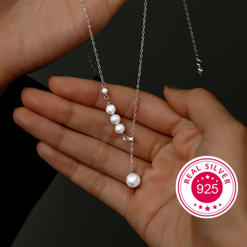 925 Sterling Silver White Pearls Y-Shaped Necklace Elegant Neck Chain  Jewelry With Gift Box
