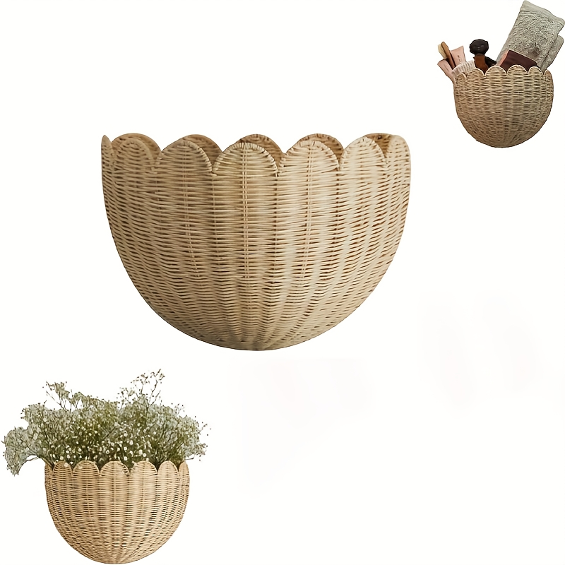 E-shop 1 Stück Handgewebter Natürlicher Rattan-ähnliches Kunststoff Wandkorb mit Wellenkante - Zeitgenössischer rustikaler Chic