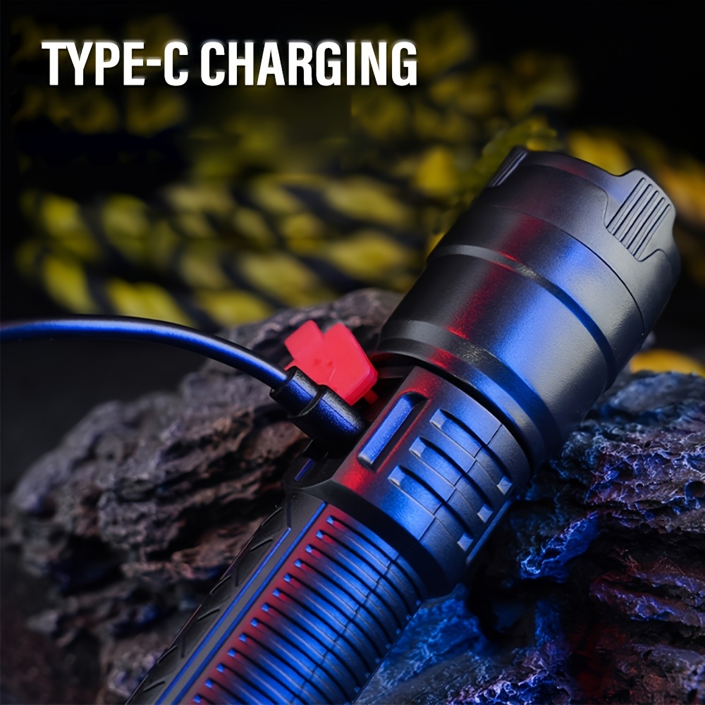 set of 2 rechargeable led torches with adjustable zoom and battery level display featuring options suitable for outdoor activities camping work and emergency details 5