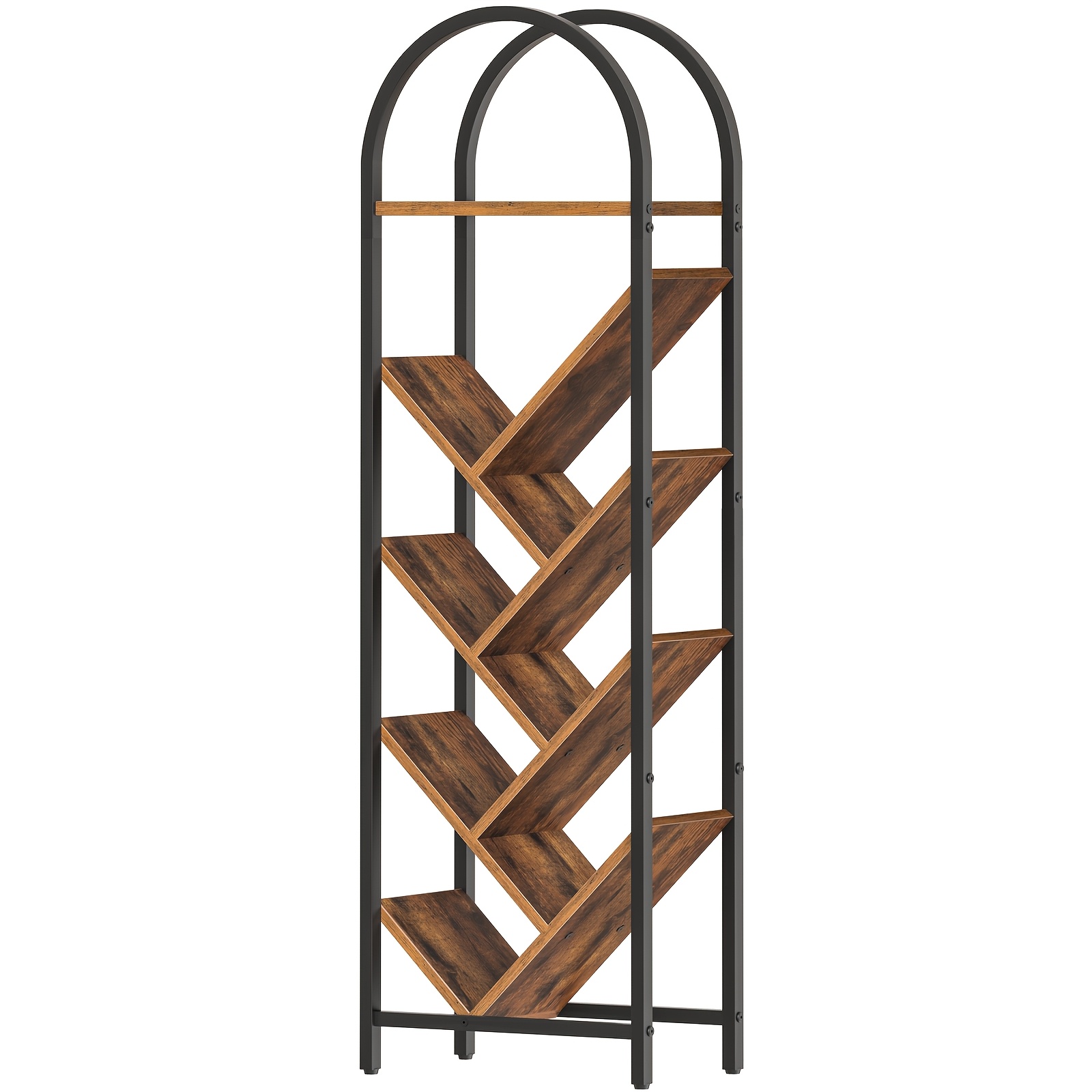8-layer Open Shelving, Tree-shaped Shelving, Arched Top, Adjustable Feet And Anti-tip Design, Suitable For Living Room, Office, Study, Countryside Brown And Black
