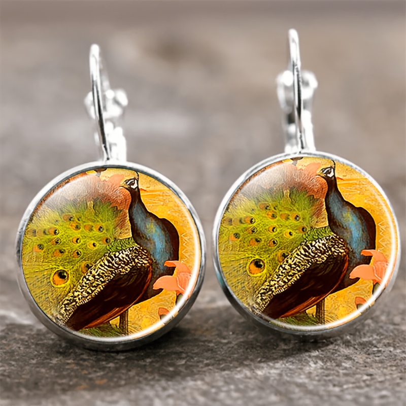2pcs Round Glass Inlaid Base Earrings Set with Peacock Feather