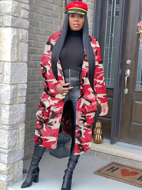 womens camouflage print length trench coat h silhouette with single breasted button front machine washable outerwear for autumn winter casual attire relaxed fit sturdy construction fashionforward women versatile layering singlebreasted design quality stitching urban style