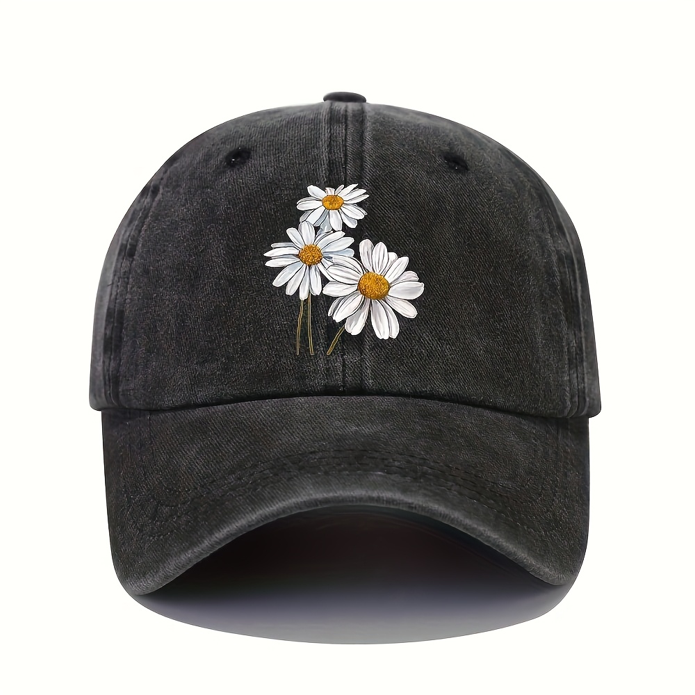 

Floral Charm, Chic Daisy Print Cotton Baseball Cap For Women - Adjustable, Lightweight & Distressed Style With Sun Protection