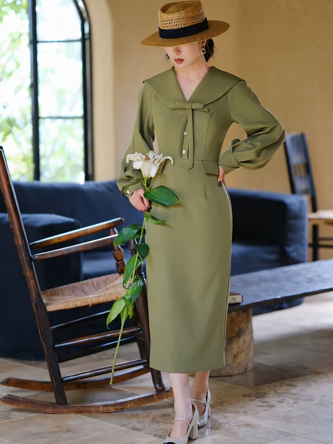 green emerald velvet dress Green Olive Long Sleeve Midi Dress main image 1