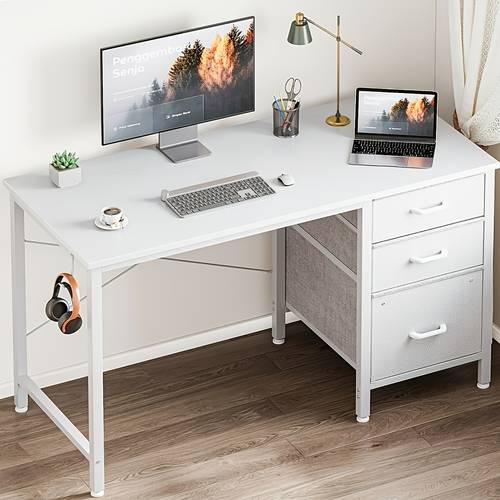 computer desk with 3 fabric drawers reversible small space desk with headphone hook writing desk for home office or bedroom