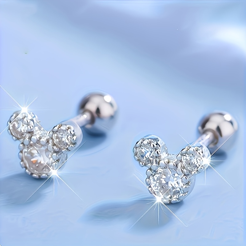 TEMU Q-jzx-11-251113-013 Pair Of 925 Silvery Plated Mouse Earrings - Classic With Shiny Synthetic Synthetic Zirconia, Hypoallergenic, Bohemian Style,