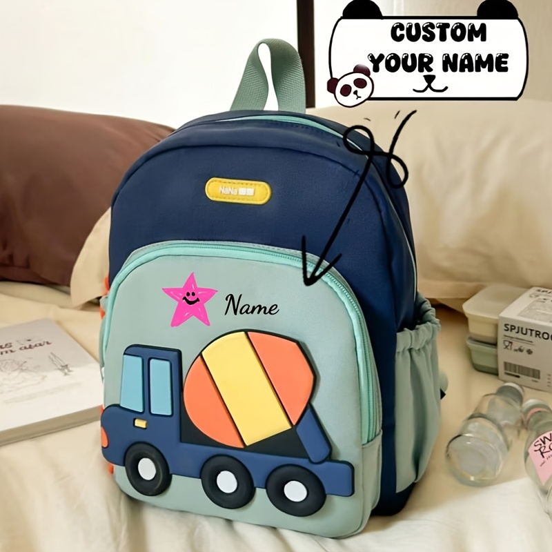 TEMU Sac à dos d'écolier avec nom personnalisé et imprimé étoiles, motif camion malaxeur à béton de dessin , disponible en couleurs, petit sac à dos