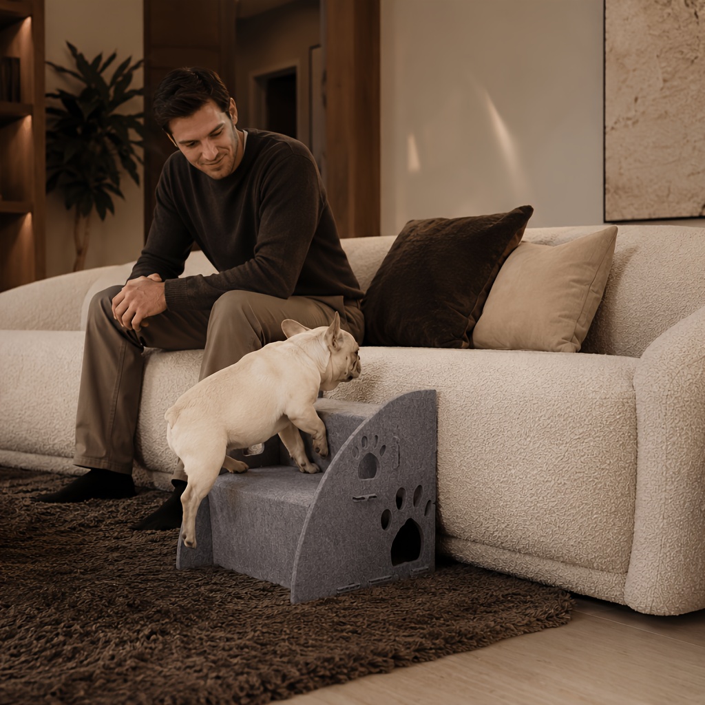 TEMU Dog Stairs For Bed And Sofa, Gray Felt Pet Steps With Paw Cutout Design, Indoor Climbing Aid For Small, Senior And Short-legged Dogs