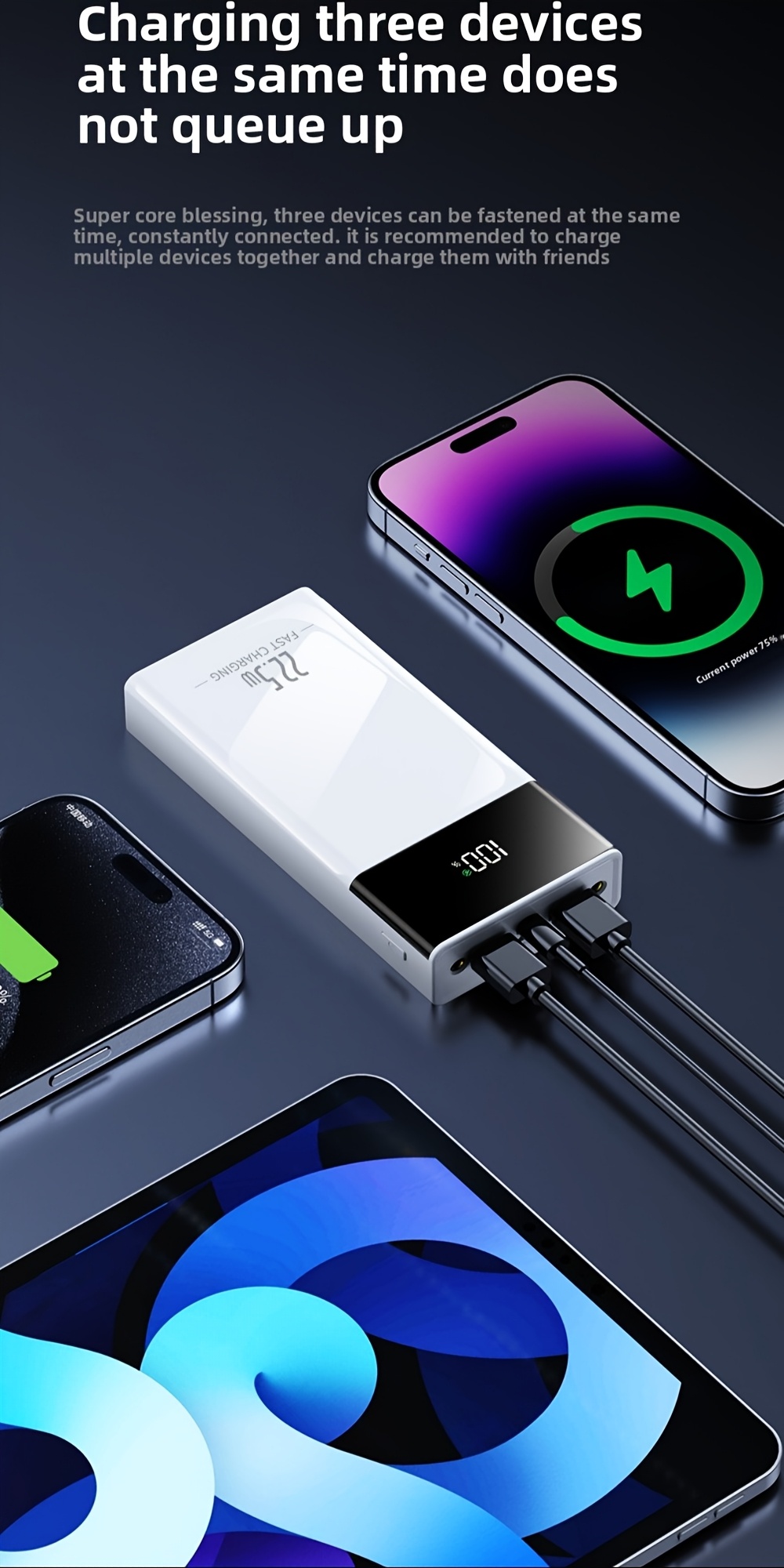 10 000mah high capacity power bank 22 5w pd fast charging 2 device   charging smart led   built in led flashlight   portable universal   for iphone 16 15 14   for samsung google   devices Product details 1