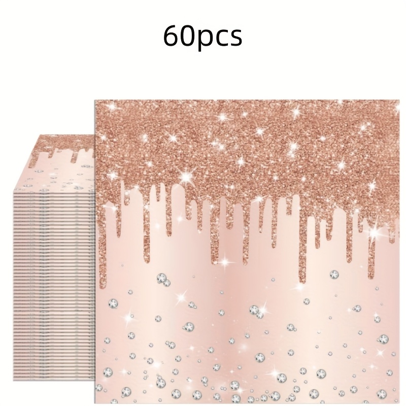 Image of 60pcs Rose Golden Napkins, Rose Golden Diamond Themed Birthday Party Decorations, Pink Rose Golden Paper Napkins Suitable For Birthdays, Anniversaries, Weddings, And Party Supplies, 60pcs
