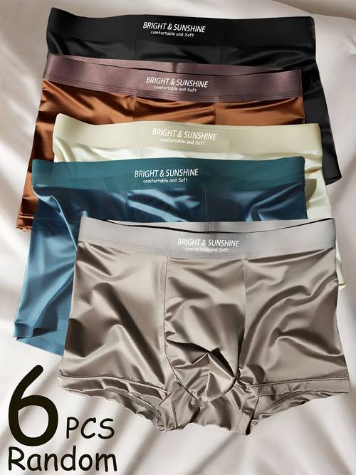 6pcs Random Men S Boxer Briefs, Silky Lightweight Fabric, Cool and Breathable Ice Fiber Fabric, Summer Solid Trend