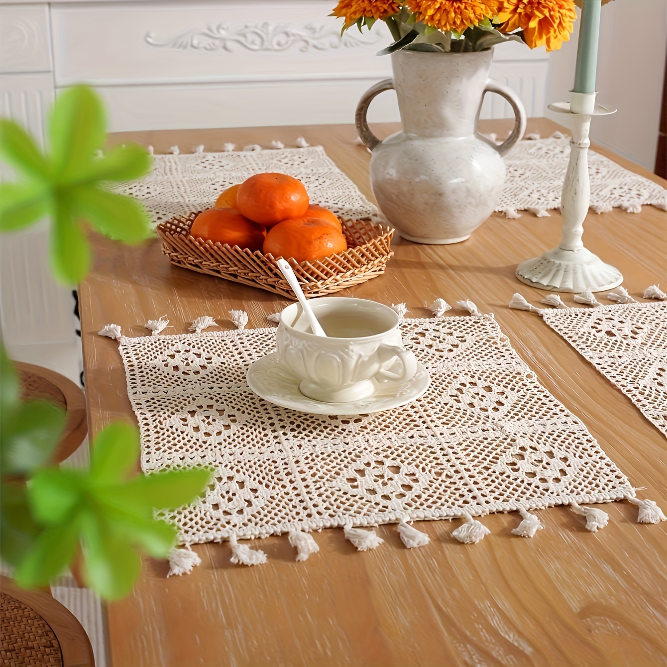 

1pc Bohemian Minimalist Solid Color Handmade Crochet Knit Placemat, Rustic Farmhouse Style For Dining Table, Kitchen, Wedding Decor, Polyester, Square, Woven, Hand Wash Only, Christmas Holiday Decor