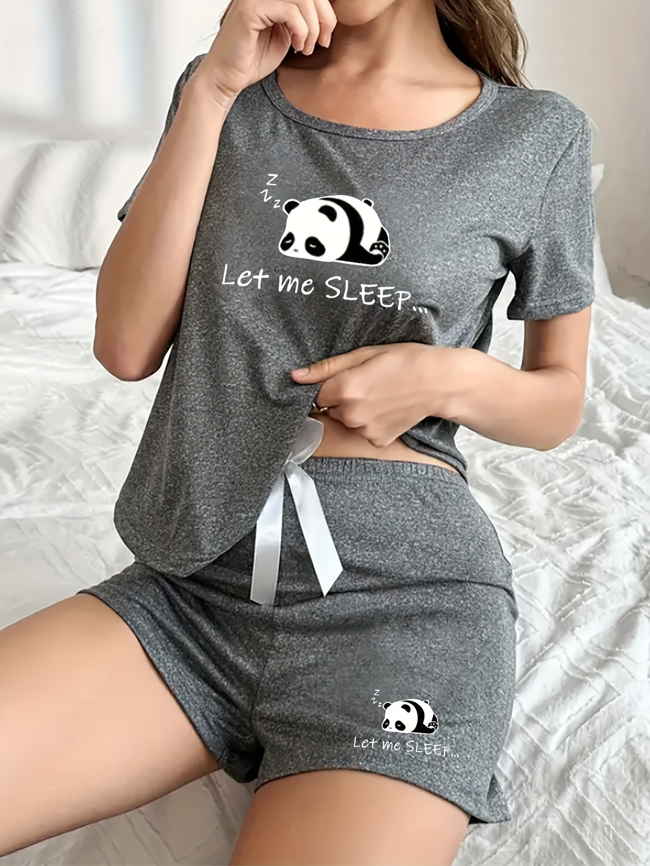 womens cute panda print pajama set with bow detail soft stretchy fabric short sleeve top elastic shorts   spring summer sleepwear and relaxation sleepwear   print   pajama set details 4