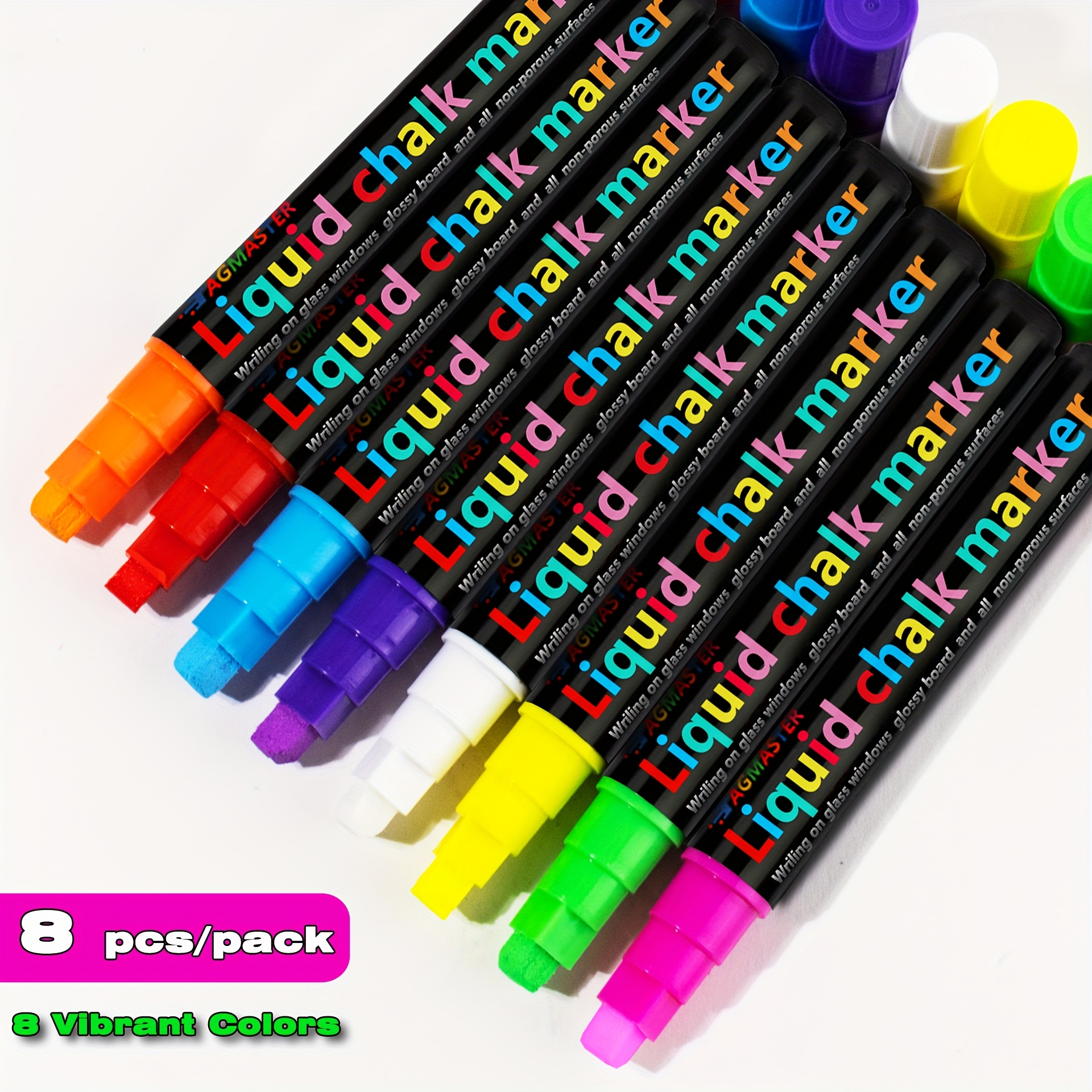 8pcs/box Washable And Dry Erasable Window Liquid Chalk, Suitable For Fluorescent Panels, Glass Windows, Blackboards, Decorations, , Posters, Wide Pen Tip Mixed Fluorescent Pens