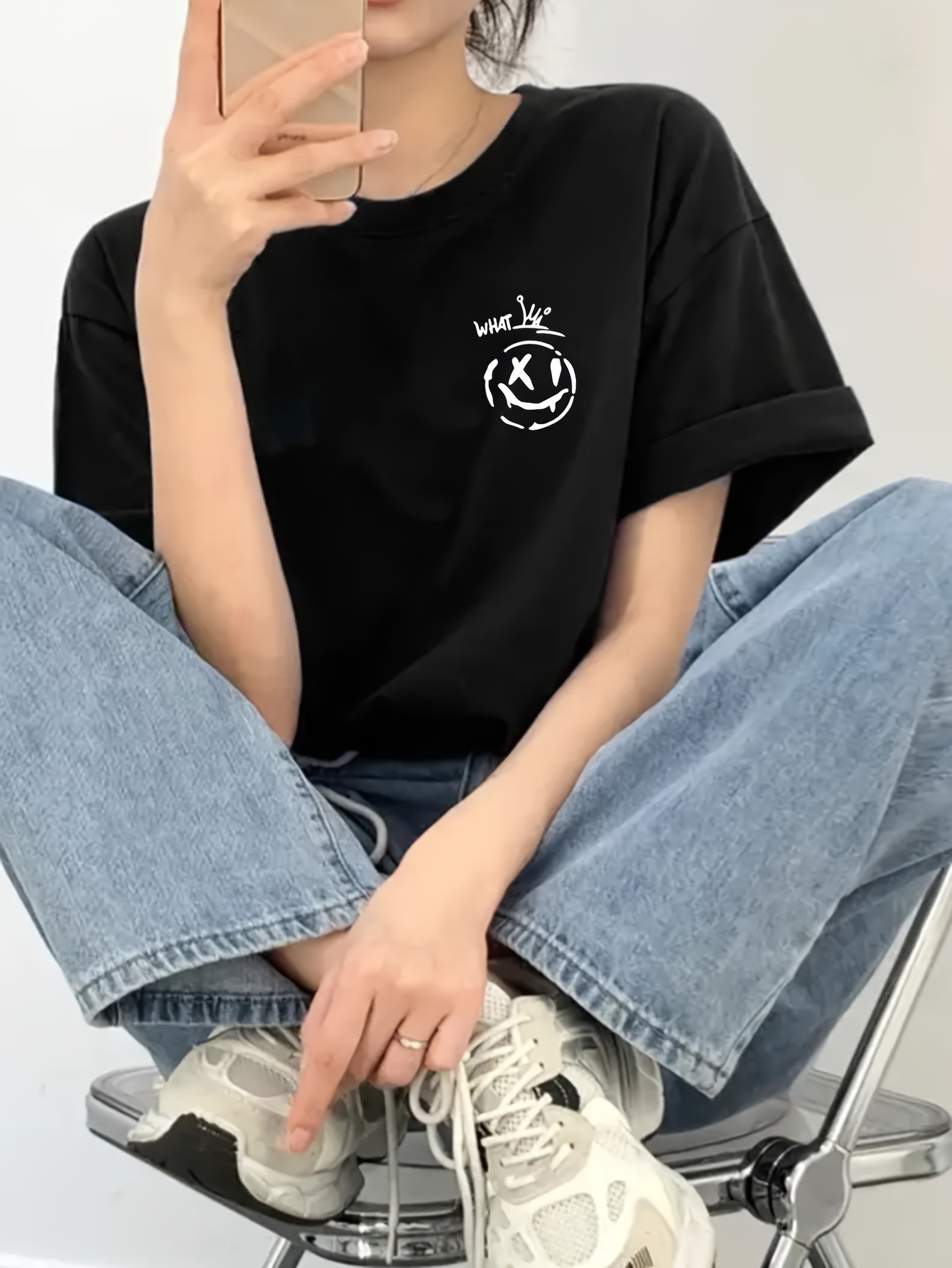 womens summer casual skateboard graphic print t shirt loose fit longline top with cartoon design light yellow round neck short sleeve tee for streetwear everyday outfits outfit addition durable fabric relaxed fit   print shirt women Product details 34