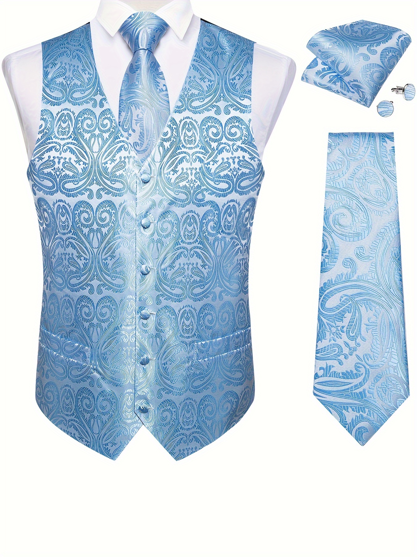 set vest tie hankie fashion floral mens formal dress suit Temu
