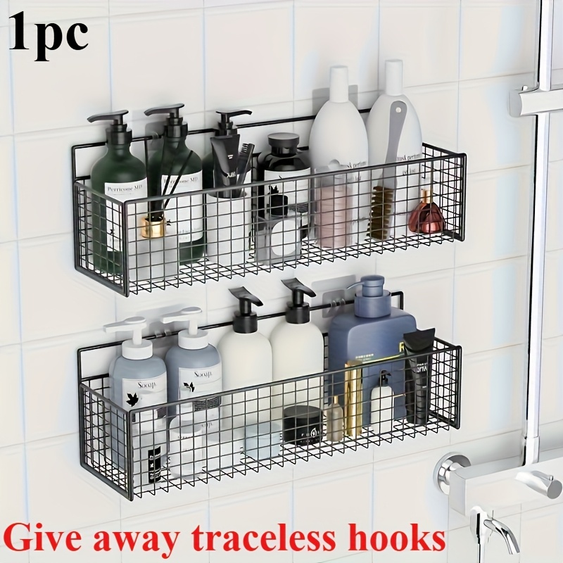 Image of 1pc Metal Wall - Mounted Storage Basket, Drill - Free And , Ideal For Organizing Toiletries And Accessories In Bathroom, Kitchen, Bedroom, And Living Room, Shelf Baskets
