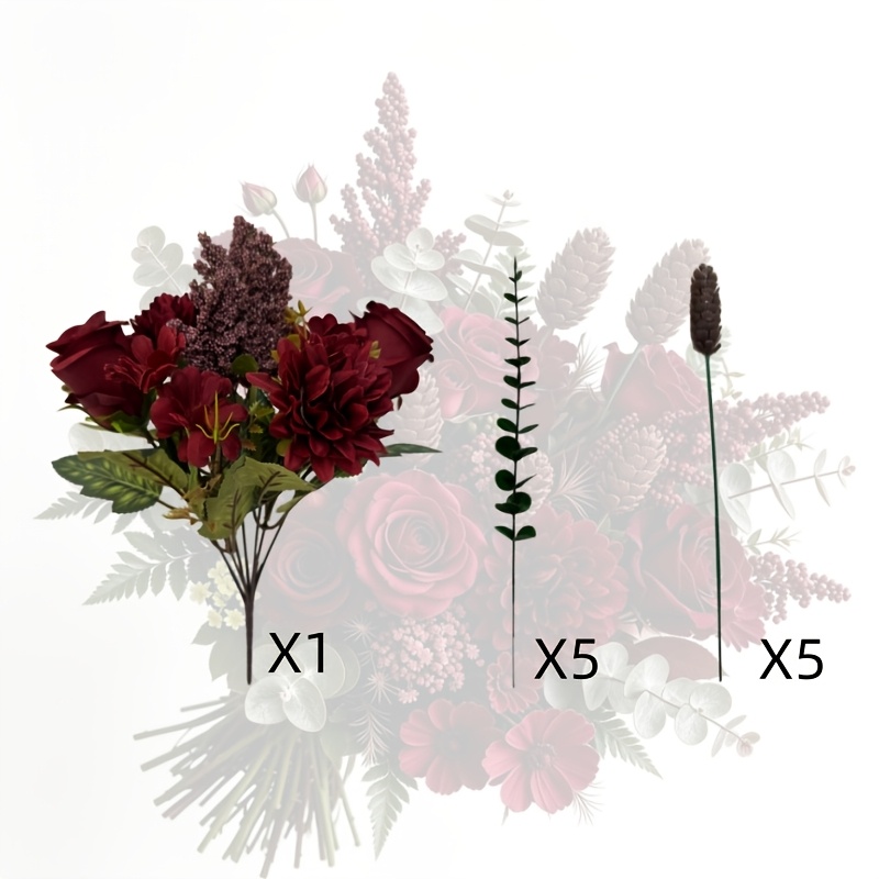 TEMU Ramo artificial de invierno de 11 piezas, ramo de rosas , peonías y hortensias con eucalipto y piñas artificiales, ideal para decoración del