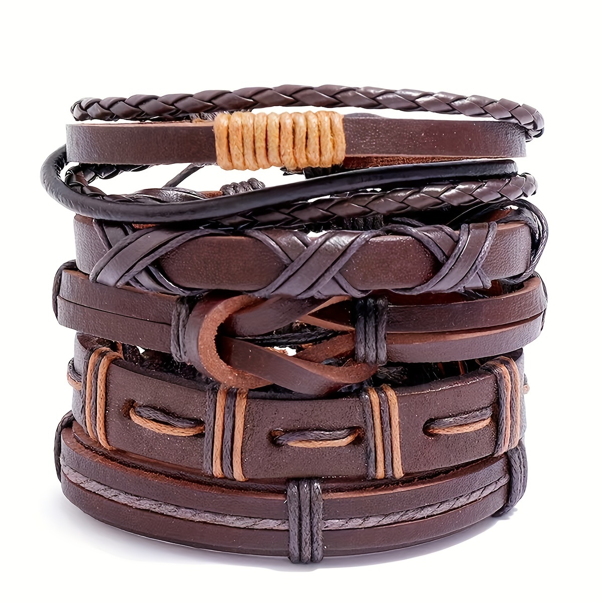 

5-piece Set Men' Bracelets - Genuine Leather Wristbands, Handmade Braided Design, Multilayer Adjustable Bracelet Combo For Diy Crafting