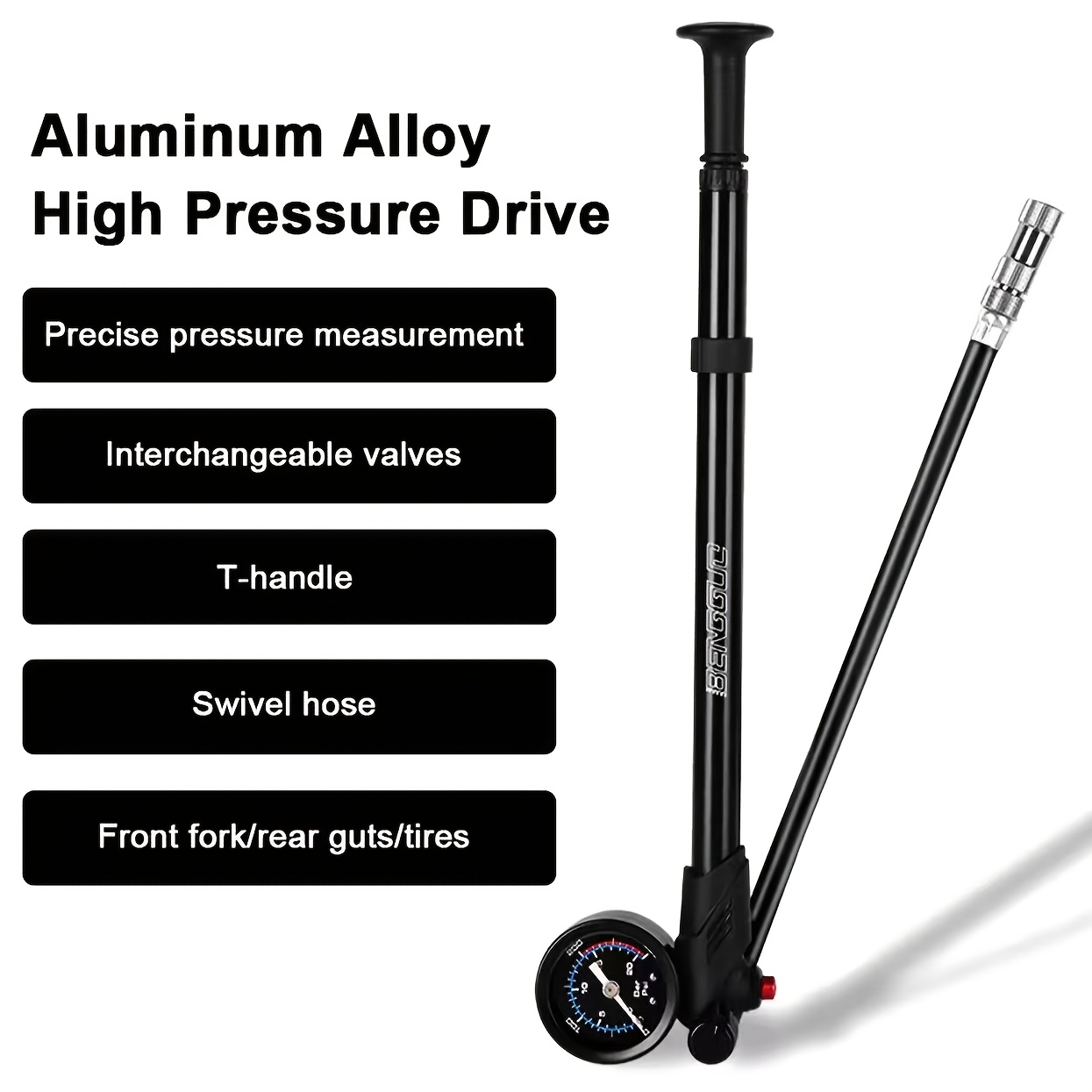TEMU 1pc Mountain Bike Air Shock Pump With Gauge, Fork Inflation Pump, Schrader And Valve High Pressure Bike Pump Portable Air Inflator For Mountain