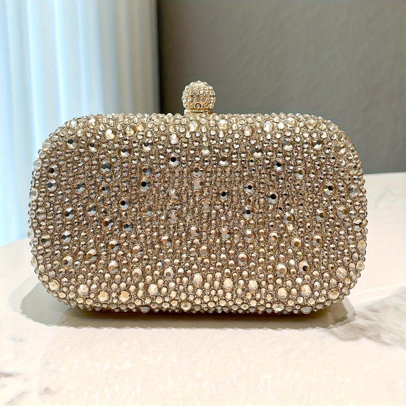 

Elegant Golden Rhinestone Evening Clutch - Classic Box Handbag With Detachable Strap, Weddings, Parties & Formal Events