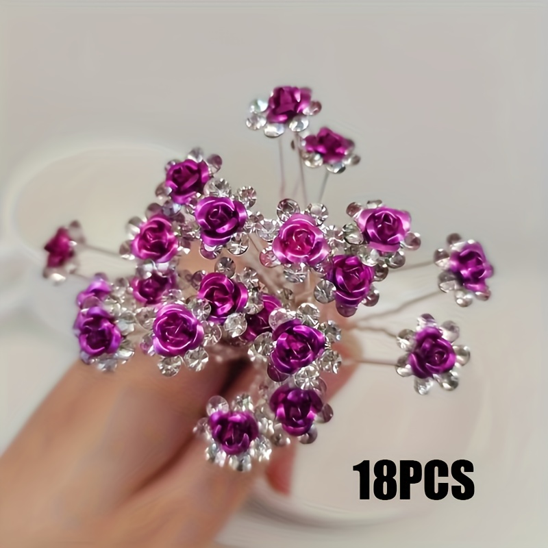 E-shop 18 Stück, Lila Elegante Rose Strass U-förmige Damen Haarspange Haarnadel, Multifunktionale Verstellbare Legierung Braut Haarverzierungen, mit