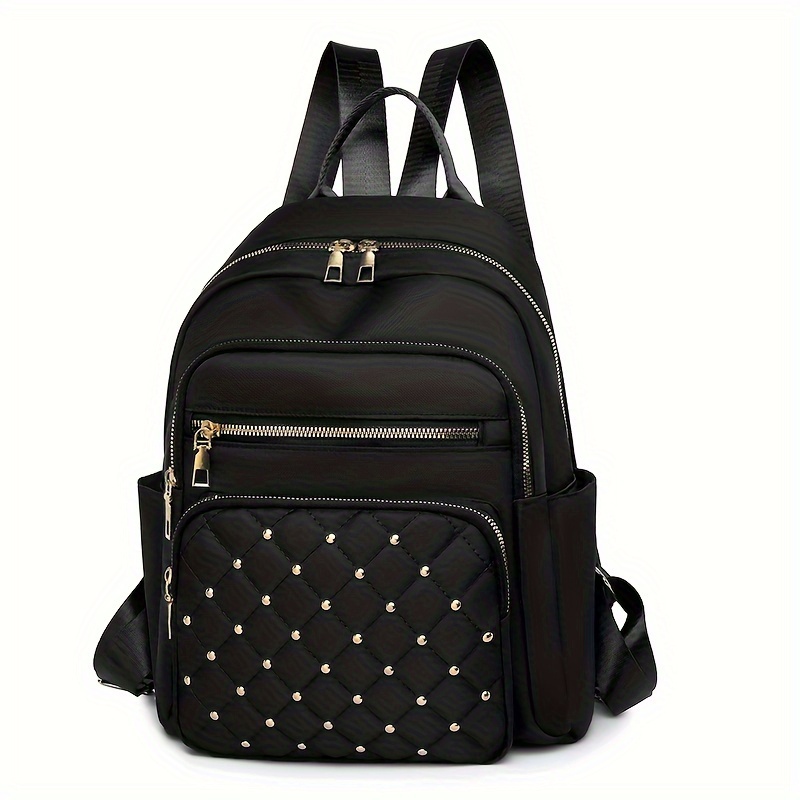 TEMU Chic Black Nylon Backpack For Girls - Spacious & Versatile With Rivet Accents, Adjustable Straps, And Tassel Detail - Daily Commute & Travel