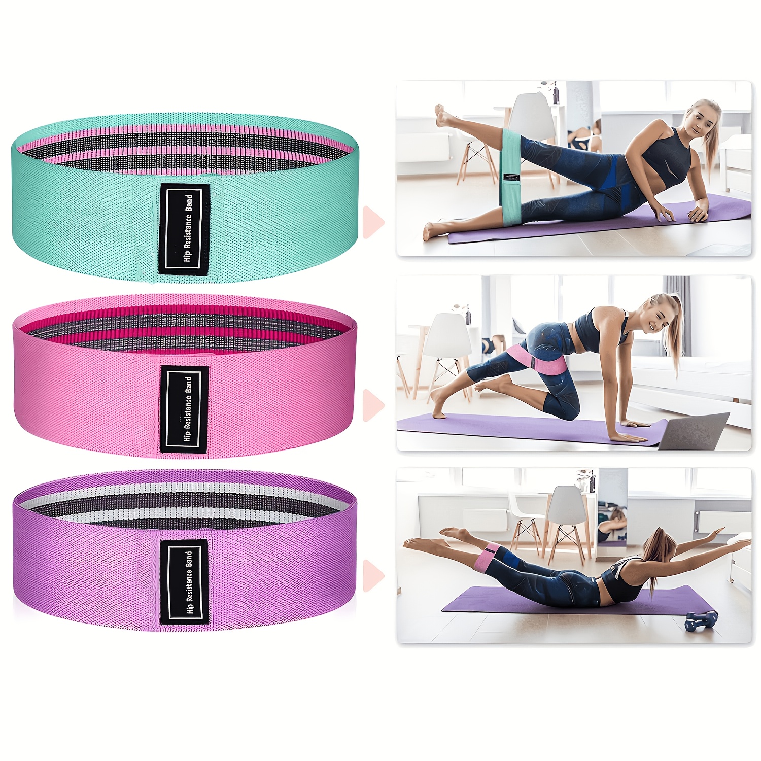 Image of Set Of 3 Upgraded Non-slip Yoga Resistance Bands, Suitable For Stretching, Strength Training, Squats, , And Core Workouts - In Pink, Purple, And Green - Ideal For Home Gyms And Travel