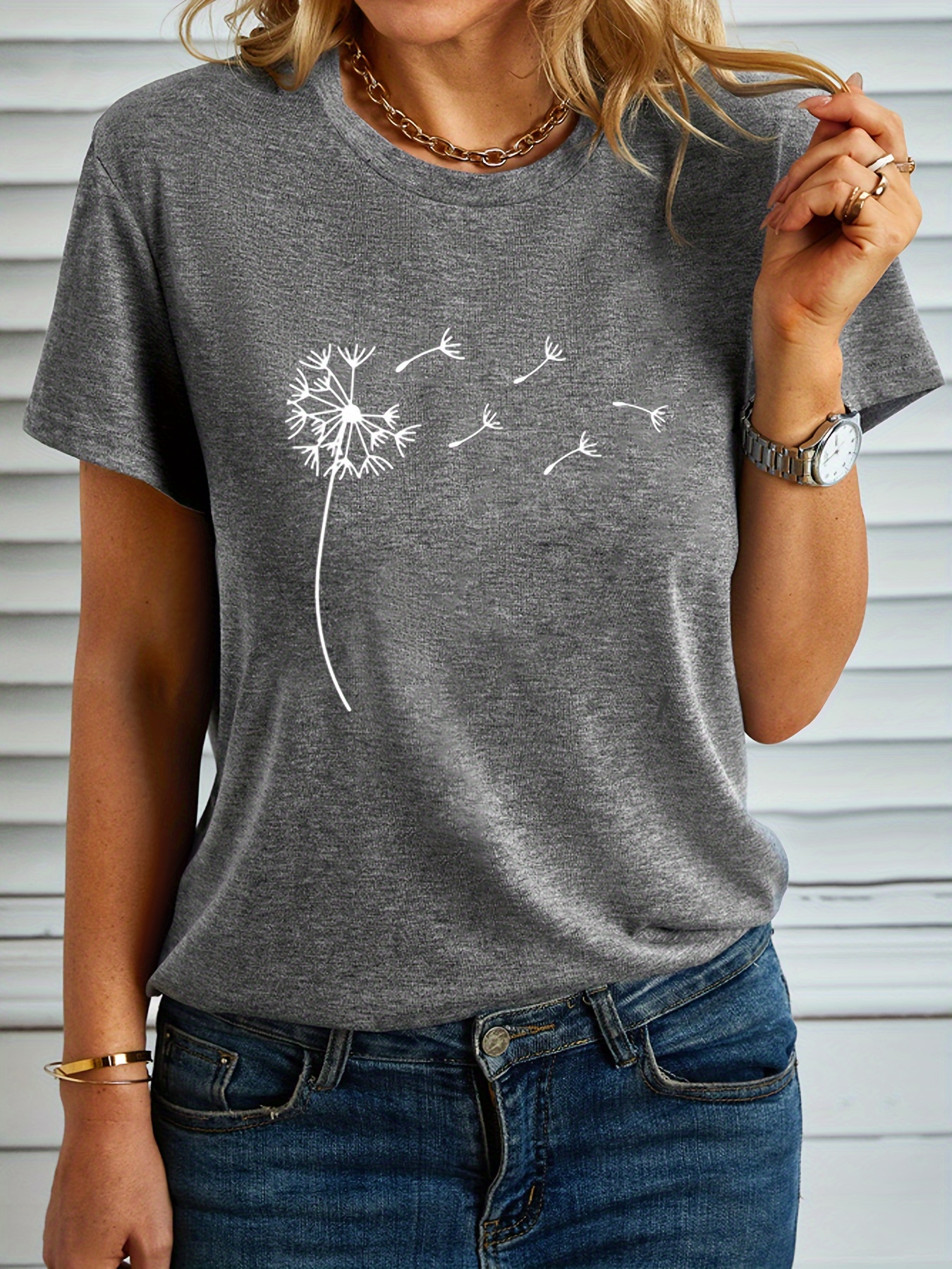 dandelion butterfly print t shirt casual crew neck short sleeve loose t shirt for spring fall womens clothing grey 1 0