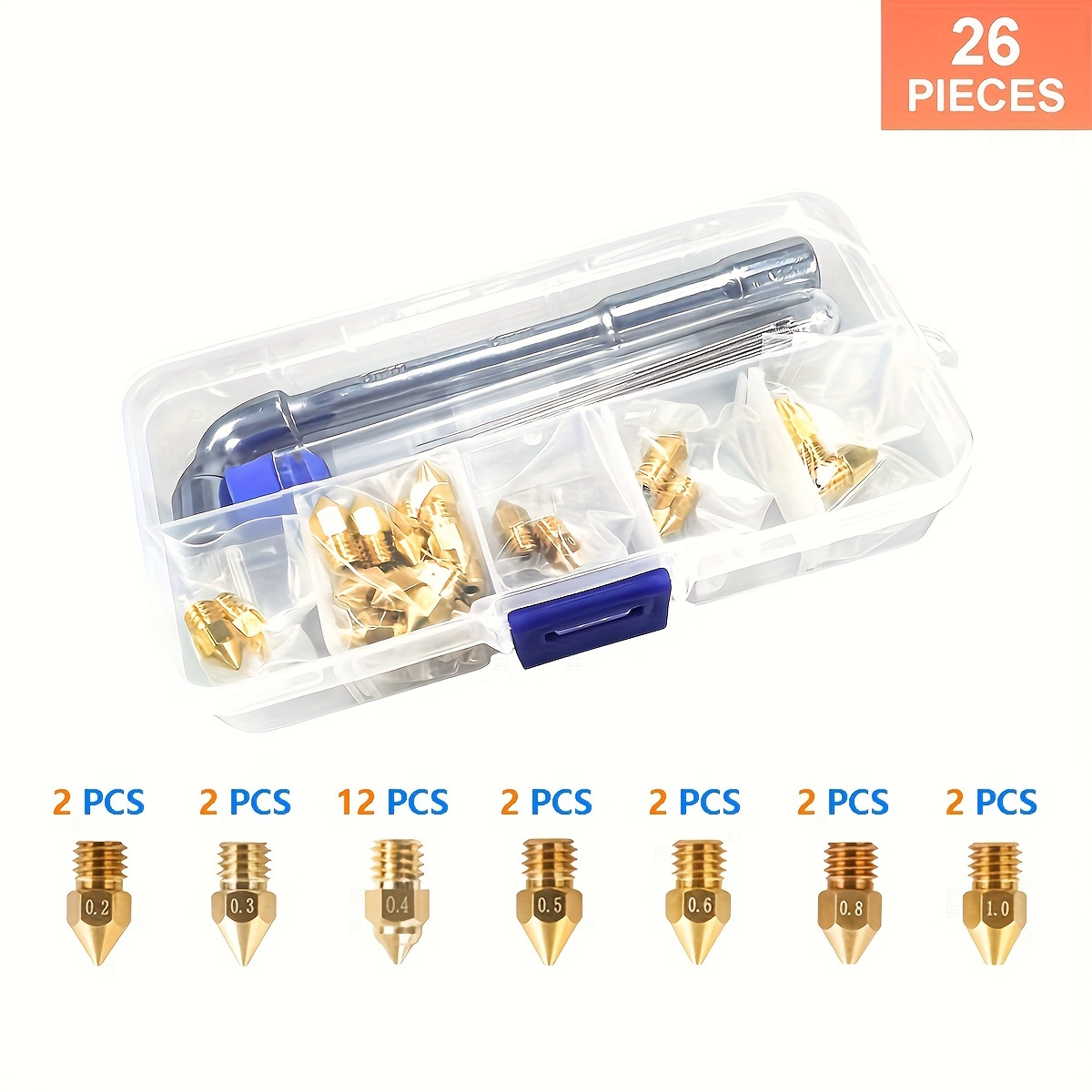 

Jeu de 26 buses en laiton MK8 pour imprimantes 3D - les tailles de 0.2mm à 1.0mm, Compatible avec les séries //Ender 3 & Plus - Outils DIY & Boîte de Rangement en Métal Incluses