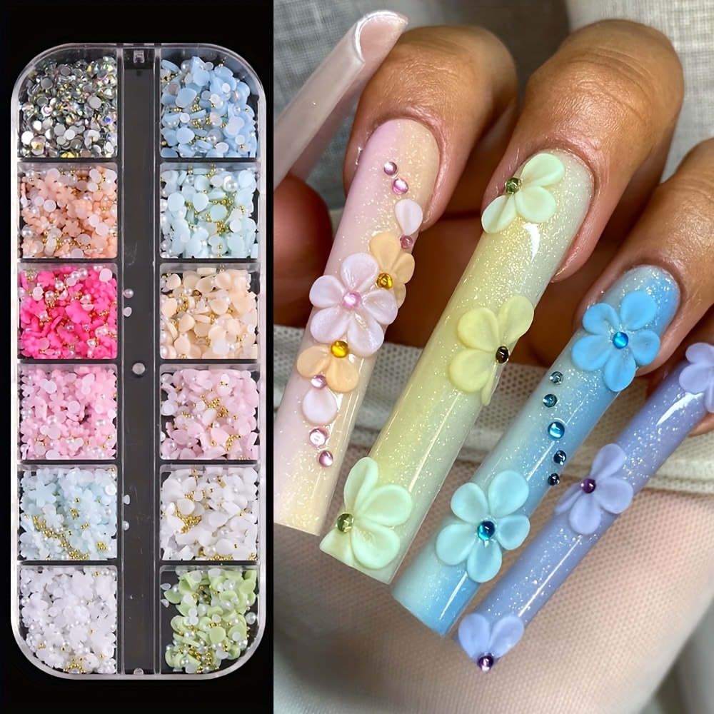 3d three dimensional flower for nail art additions colorful acrylic petals floral for nail decorations   with caviar beads and flat pearls suitable for nail art components
