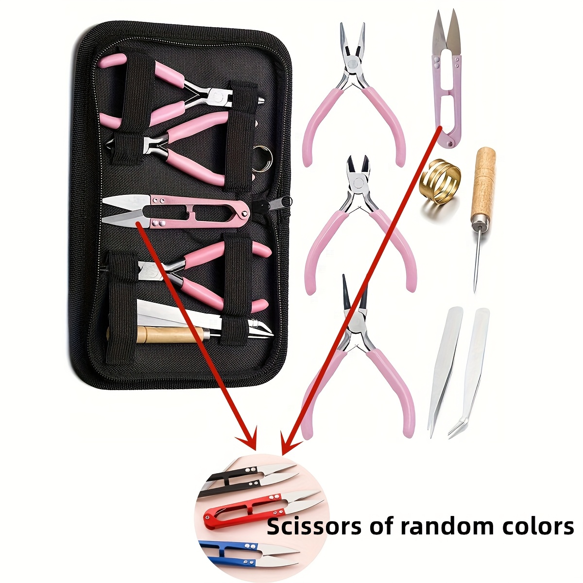 TEMU 1 Set Of 3 Colors Jewelry Making Tools Kit - Includes Round Nose Pliers, Needle Nose Pliers, Random Color Scissors,diagonal Pliers, Non-serrated