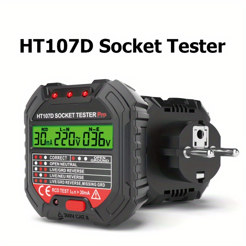 HT107D Δοκιμαστής Πρίζας Ανίχνευση Τάσης AC Δοκιμή RCD Βύσμα ΕΕ Έλεγχος Γείωσης Μηδενικής Γραμμής Πολικότητας Βύσματος Φάσης Επαγγελματικά Εργαλεία