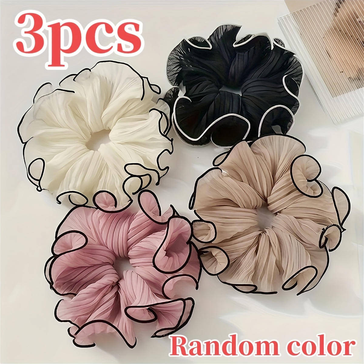 3pcs Random Color High-end Pleated Large Hair Tie Super Ponytail Bun Half Tie Hair Fashionable Versatile Hair Additions