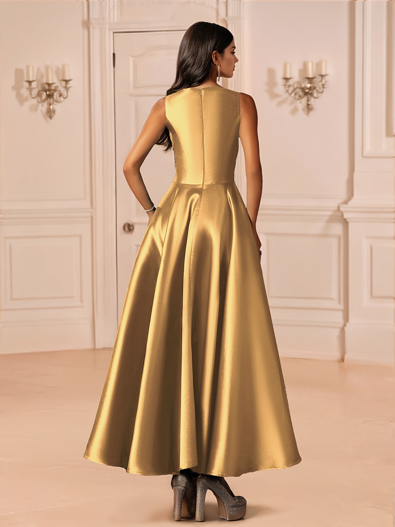 womens formal evening gown elegant golden formal dress waist - Temu Spain