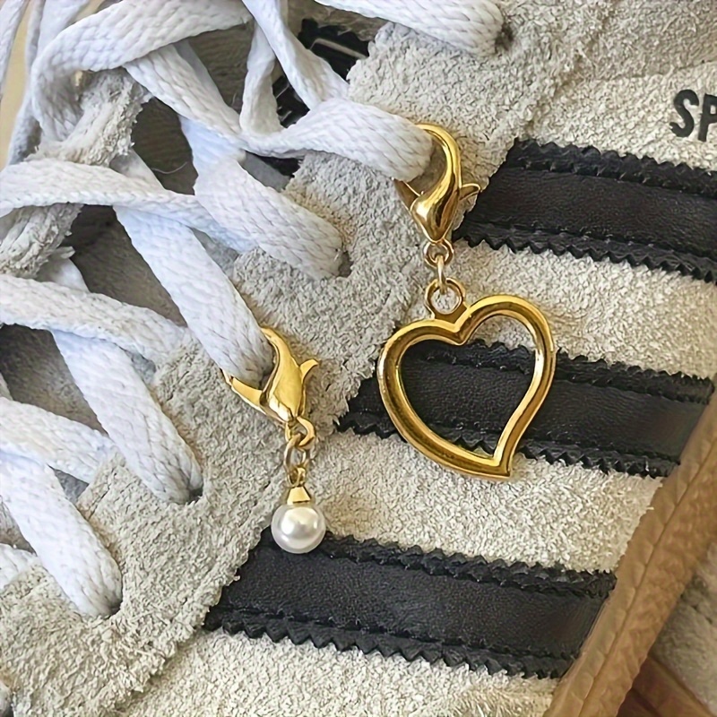 

2pcs Copper Alloy Heart & Faux Pearl Shoe Charms, , Diy Punk Decoration Set For Sneakers And Boots