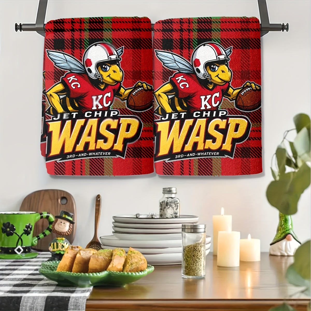 2 pièces serviettes de cuisine logo   - design   jet & wasp, torchons à motif kc mascot, serviettes en microfibre pour fans, cadeaux de pendaison de crémaillère, idées cadeaux danniversaire (tartan rouge/vert, lavage à   uniquement)
