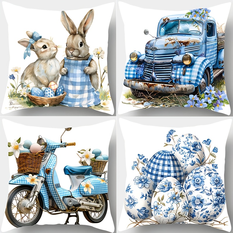 

4pcs Set Rustic Blue Grid Throw Pillow Covers With Rabbit & Designs - Soft, Comfortable 17.72" Square Zippered Cases For Sofa And Bedroom Decor