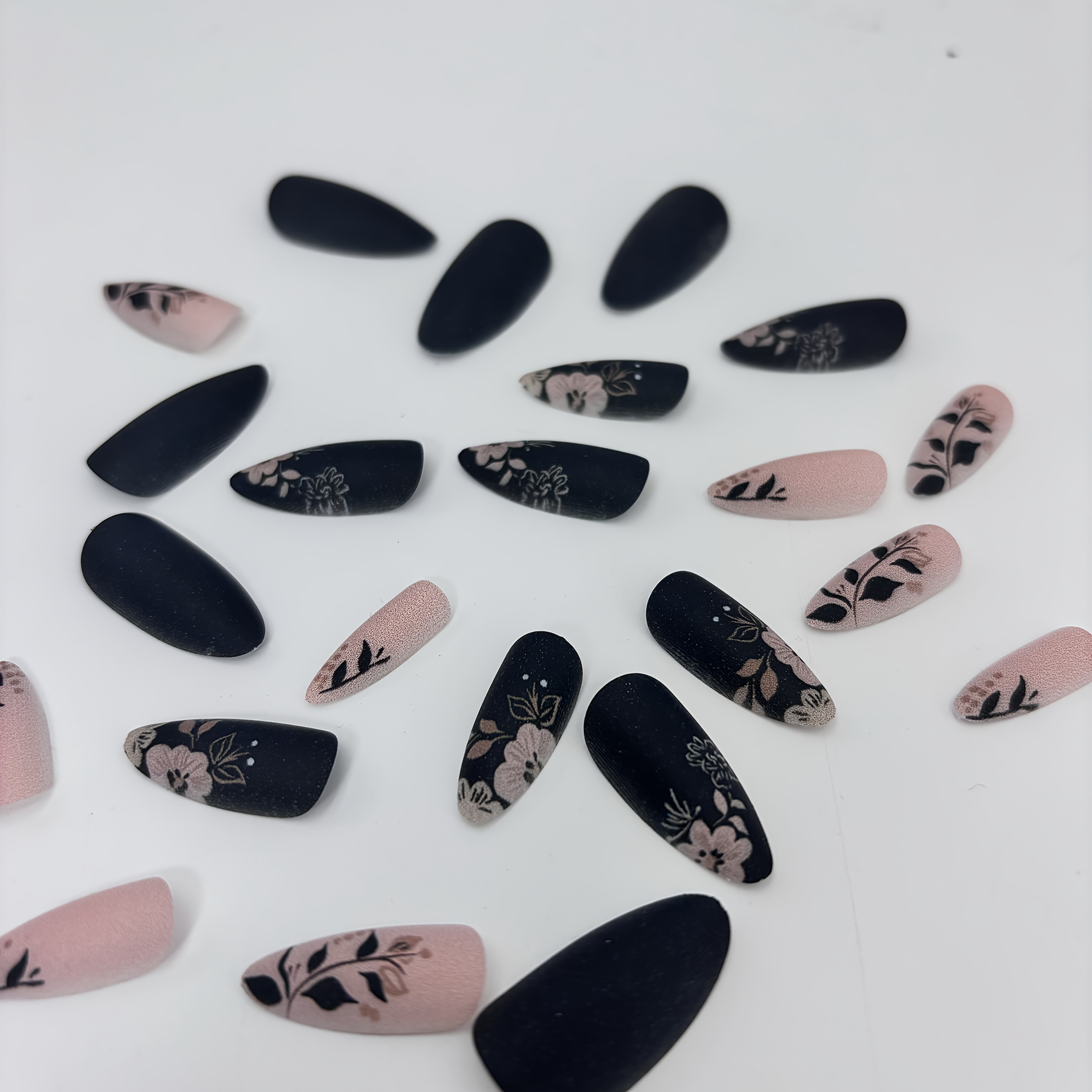 Image of 24pcs Short Almond Press On Nails, Spring Summer With Fallen Leaves & Flower, Glossy Full Cover Reusable Fake Nails Nail Tips Set For Women Daily , Shopping, Dating, Thanksgiving & New Year